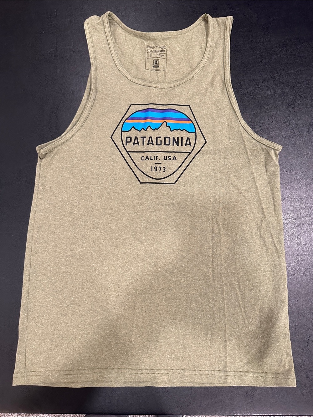 Patagonia Men’s Olive Green Tank Top with Blue Stripe Logo